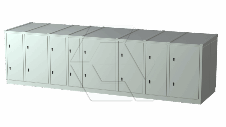 A row of six gray metal storage lockers, ideal for Equipment Library -Air Units, with flat tops and individual lockable doors, arranged side by side on a white background.