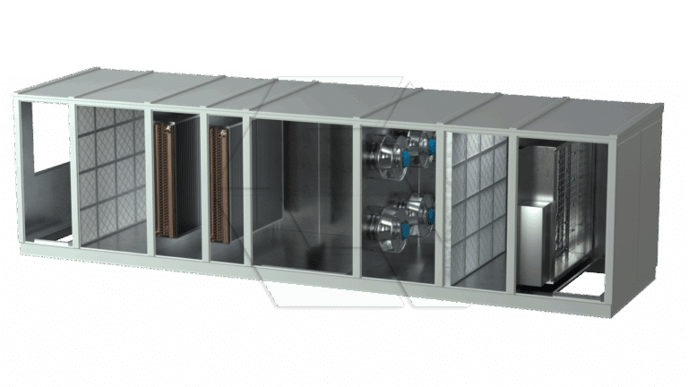 A large, rectangular HVAC air handling unit from the Equipment Library -Air Units with a cutaway view reveals internal components like filters, coils, fans, and ducts, all enclosed in a sturdy metal housing.