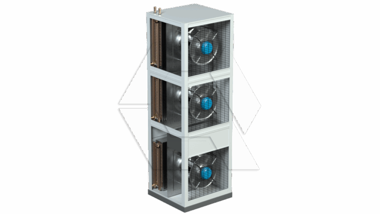 A vertical stack of three industrial cooling fans, part of the Equipment Library - Air Units, is enclosed in a gray metal frame with protective grilles and visible blue fan hubs, set against a plain background.