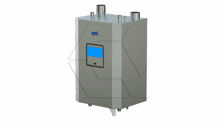 A rectangular, metallic industrial machine with a digital display, labeled "NTI," featuring several pipe connections on top and small legs at the bottom.