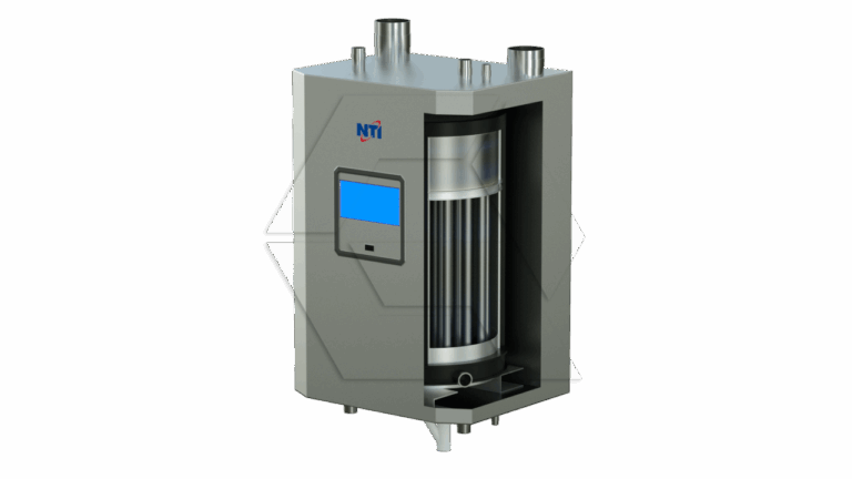 A metallic industrial machine with a blue digital display, cylindrical internal components, and several pipe connections on top, standing on four legs. The NTI logo appears near the display.