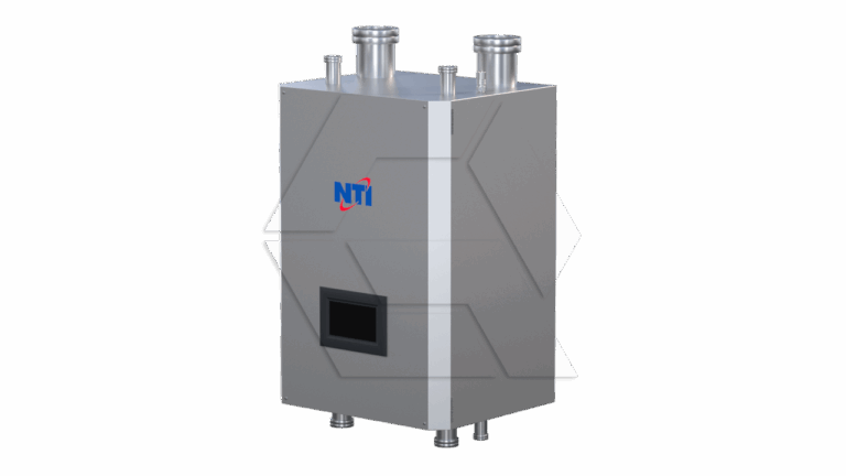 A rectangular, metallic boiler unit with the NTI logo, two exhaust pipes on top, a small display or panel on the front, and standing on four short legs against a plain background.
