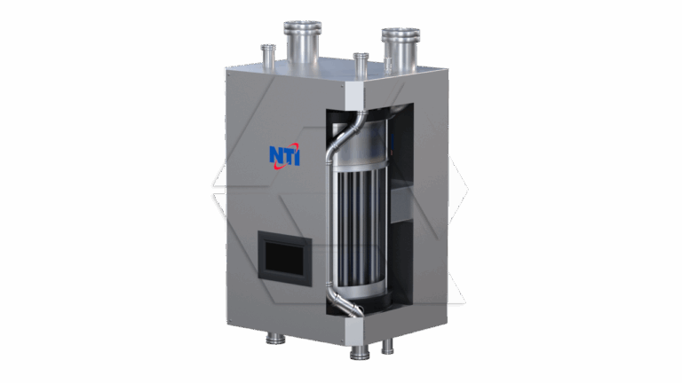 A metallic, rectangular NTI boiler unit with a partial cutaway revealing its internal components, including tubes and pipes, standing on four short legs with two exhaust vents on top.