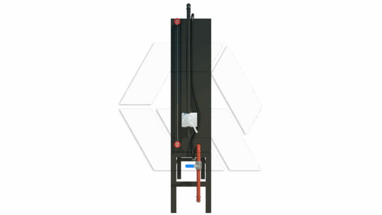 A vertical industrial device with black and orange pipes, red valve handles, and a small white box at the bottom, standing on a black frame against a plain background.