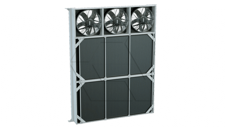A large industrial cooling or ventilation unit with three large fans at the top and six rectangular panels below, all enclosed in a rectangular metal frame, against a plain white background.