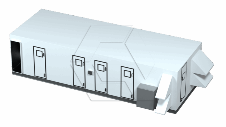 A 3D-rendered image of a large, white Equipment Library - Air Units industrial HVAC unit, featuring multiple access doors, vents, and external components on its sides, all set against a plain white background.