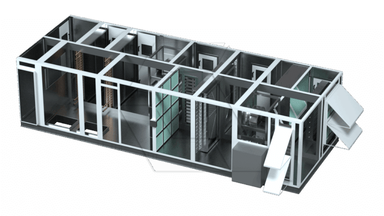 3D rendering of a modular data center unit with transparent walls, revealing interior sections with server racks, Equipment Library - Air Units for cooling, and cable management infrastructure. Several access doors are open on the exterior.