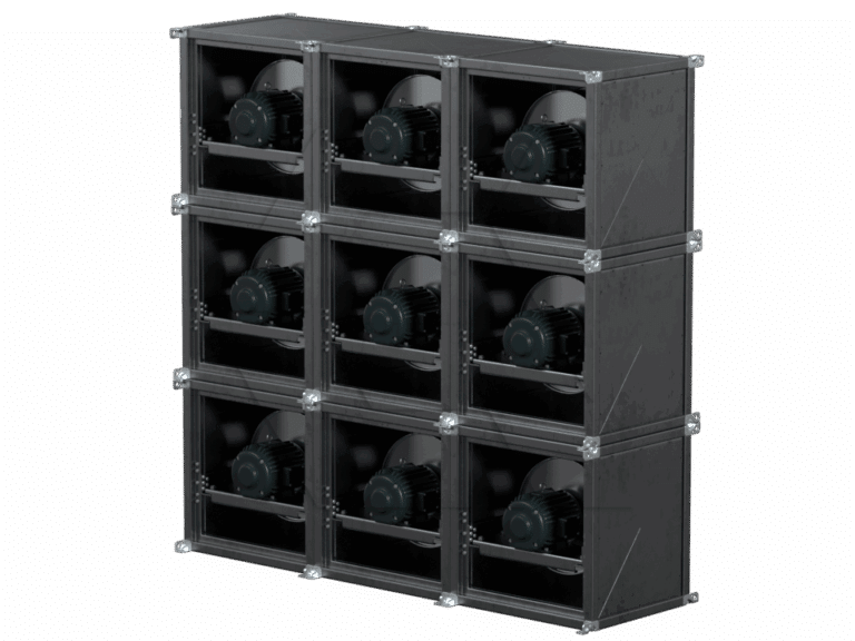 A 3x3 grid of industrial fans housed in black, box-shaped metal frames, stacked in three rows and three columns, against a plain background.