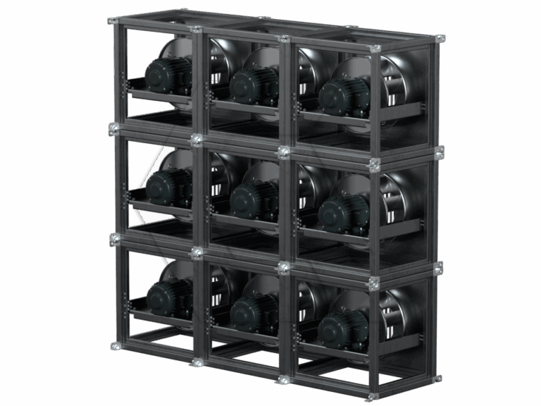 A 3x3 grid of industrial fans, each enclosed in a black metal frame, arranged in a cube-like structure against a plain background.