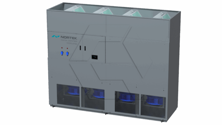 A large, rectangular industrial cooling unit from Nortek with visible vents, control panel, and angled white filters on top, designed for data center cooling. Four blue-lit fans are visible at the bottom front.