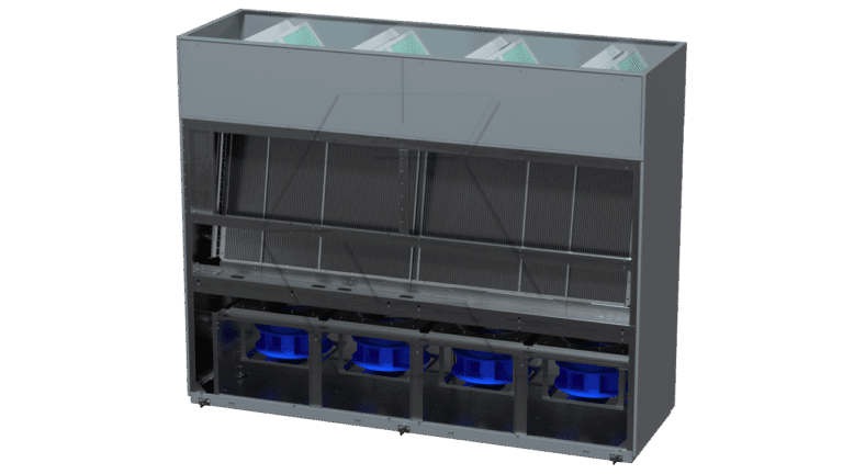 A large rectangular industrial air handling unit with visible filters on top and multiple blue fans at the bottom, set against a plain background.