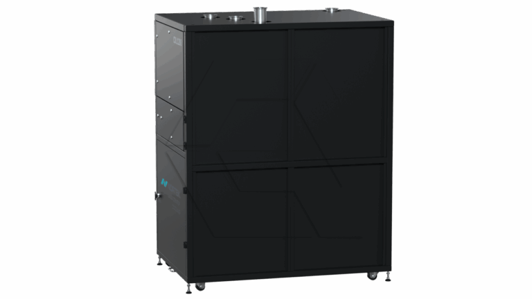A large, black, rectangular industrial machine with vent openings on top and mounted on small wheels. The unit has a minimalist design with panel doors and subtle branding on the upper left side.