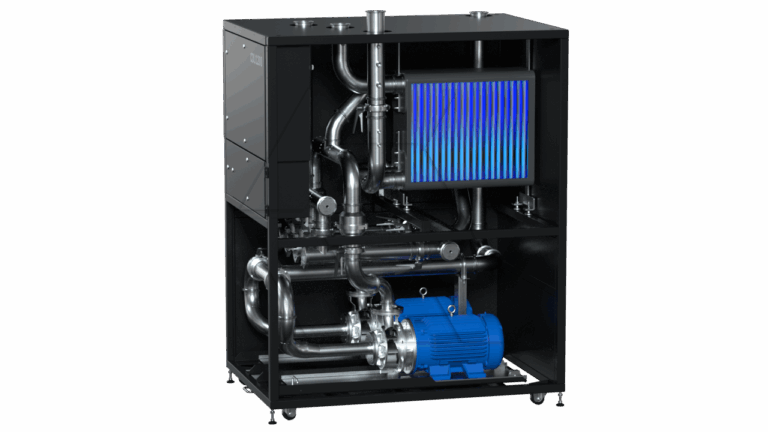 A black metal industrial machine with exposed pipes, a blue electric motor at the bottom, and a vertical heat exchanger with blue fins mounted on the upper right side.