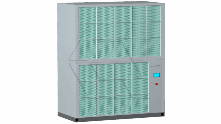 A large rectangular industrial air purifier with a grid-patterned teal filter front, a small screen, and a red button on a gray control panel. The unit stands upright against a plain background.