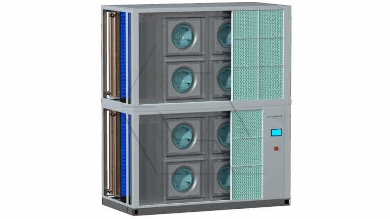 A large industrial air purification unit with two stacked sections, visible circular fans, filters, a control panel with a display and button, and ventilation grilles on the side. The unit is grey with blue and green accents.