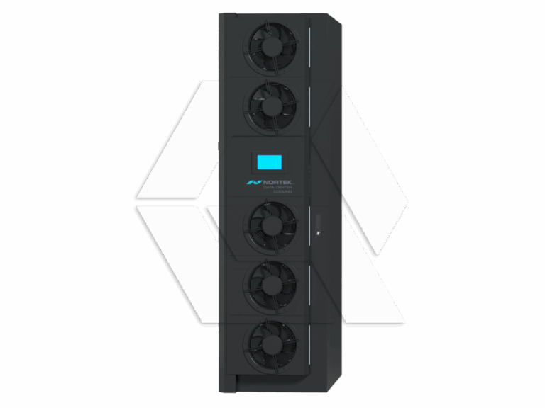 A tall, black server cooling unit with six large circular fans stacked vertically and a small digital display screen near the top front panel.