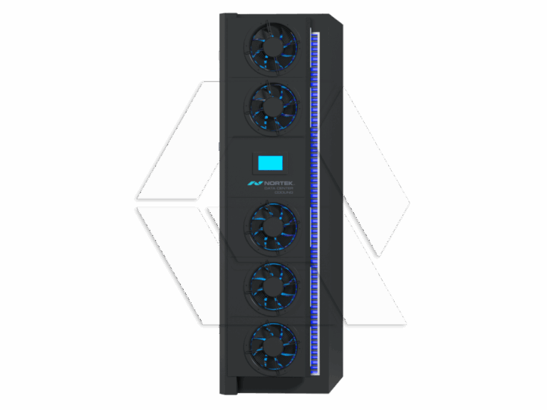A tall, black vertical server cooling unit with six blue-lit circular fans arranged in a column and a small digital display screen in the center.