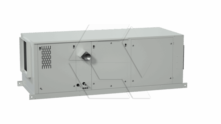 A rectangular industrial HVAC unit from the Equipment Library - Air Units, featuring a vent, small circular duct, and control knobs on the front panel, displayed against a plain white background.