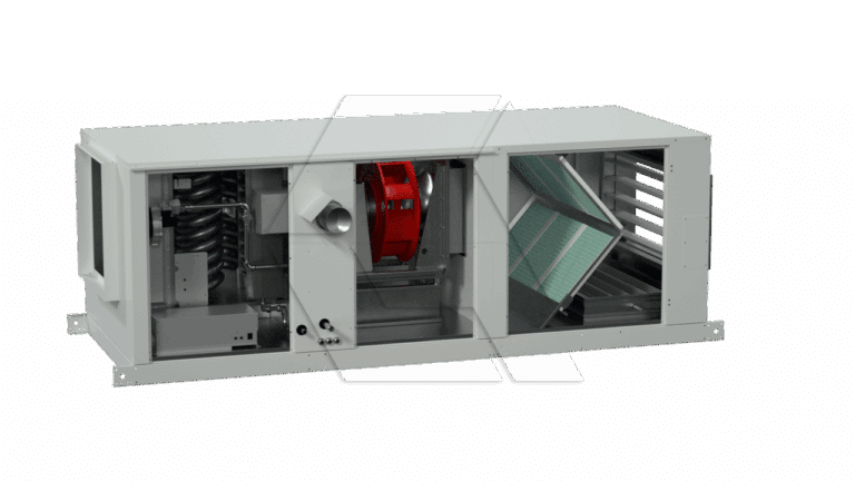 A rectangular gray HVAC unit from the Equipment Library -Air Units, with open panels revealing internal components like a red fan, filters, and various mechanical parts, set against a plain white background.
