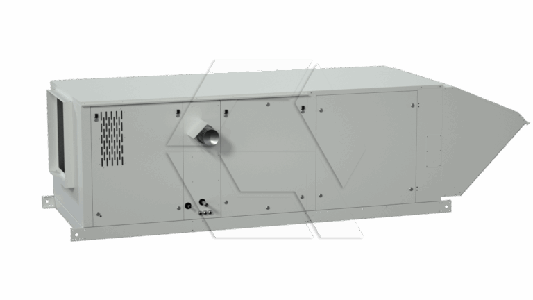 A large, rectangular industrial HVAC unit from our Equipment Library - Air Units, featuring access panels, vents, pipes, and a duct connection, shown against a plain white background.