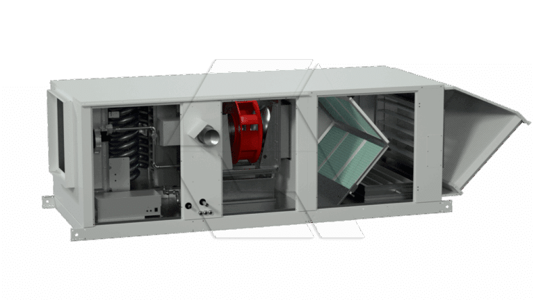 A large, rectangular industrial HVAC unit from the Equipment Library - Air Units collection stands with its panels open, revealing internal coils, a fan, and angled air filters inside a metallic enclosure set against a plain background.