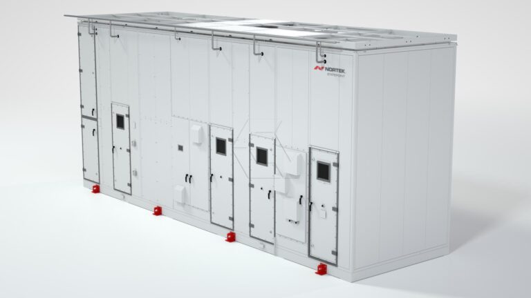 Large, white industrial HVAC unit with multiple doors, vents, and control panels shown on a white background. Featuring the Nortek logo, this Equipment Library - Air Units model is ideal for climate control in commercial or industrial settings.