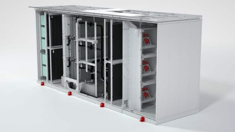 A large Equipment Library -Air Units industrial HVAC unit with its side panels removed, showing internal components like fans, cooling coils, pipes, and filters within a rectangular metal enclosure on a white background.