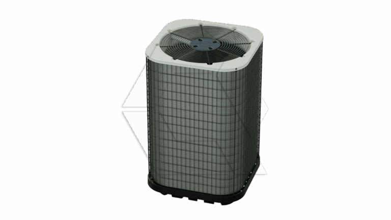 A 3D rendering of a gray outdoor air conditioning unit with a fan on top, metal grille sides, and a black base, isolated on a white background.