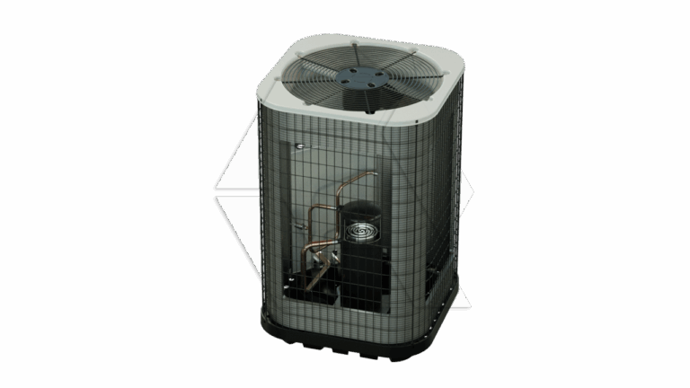 A home air conditioning unit with its outer casing partially transparent, revealing internal components like coils, pipes, and a fan on top, set against a plain white background.