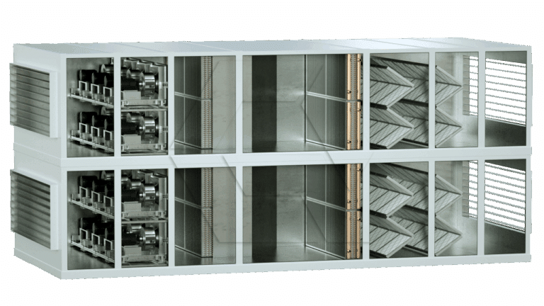 A cutaway view of a large industrial air handling unit from the Equipment Library -Air Units shows internal components, including fans, filters, and ducts, arranged in separate sections within a rectangular metal casing.