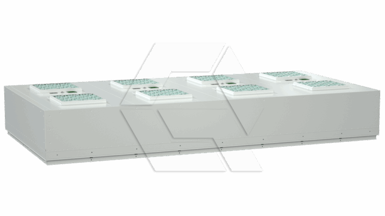 A large, rectangular, industrial metal unit with six vented panels on top, designed for air handling or filtration, set against a plain white background.