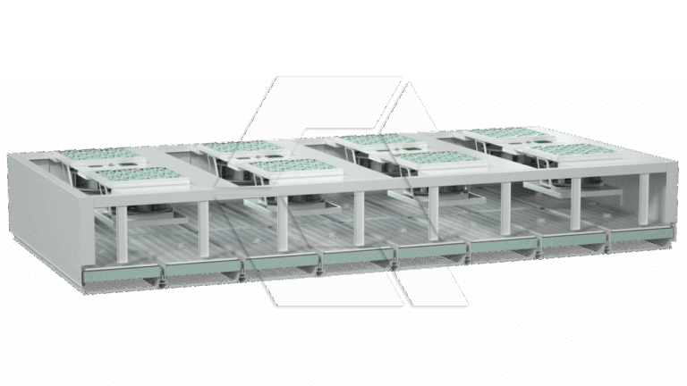 A digital rendering shows a cross-section of a raised access floor system, featuring metal grid panels supported by vertical pedestals and trays beneath the floor for cable management.