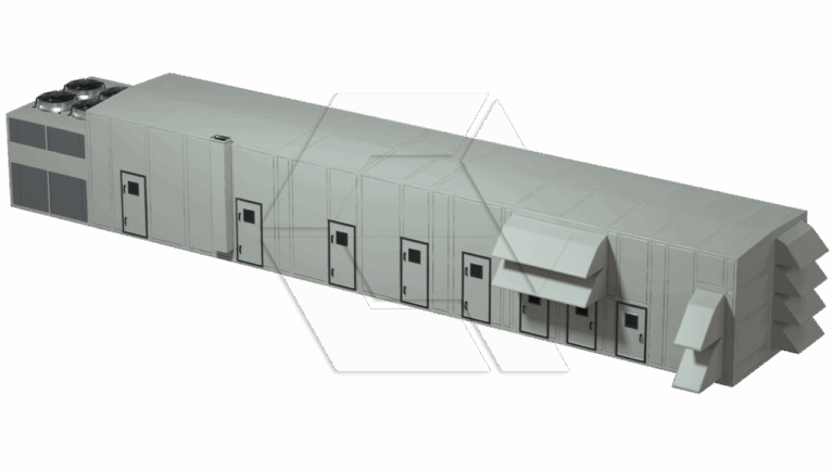 A large, rectangular, industrial modular building unit with multiple doors and vents, cooling units on one end, and angular structures on the opposite end, all in a light gray color.