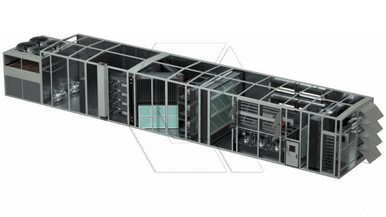 A 3D-rendered cutaway view of a large industrial HVAC air handling unit, showing internal components like fans, filters, dampers, heat exchangers, and ducting, all housed in a rectangular metal enclosure.