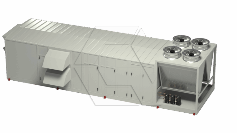 A large industrial HVAC unit with multiple compartments, ventilation ducts, and four large fans on top, designed for air handling and conditioning in commercial or industrial buildings.