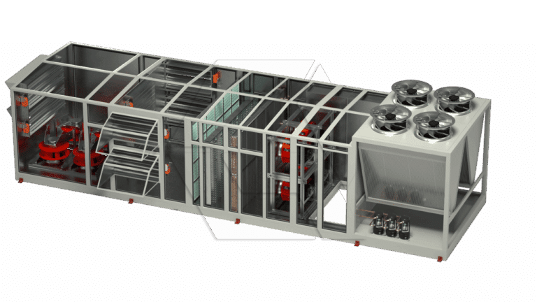 Cutaway view of a large industrial HVAC unit showing internal components, including fans, filters, coils, and three external fans on one end, with a metal frame and transparent walls.
