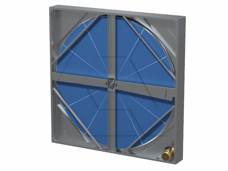 A square metal frame houses a large blue circular filter divided by crossbars, with a small brass fitting in the lower right corner. The background is plain white.