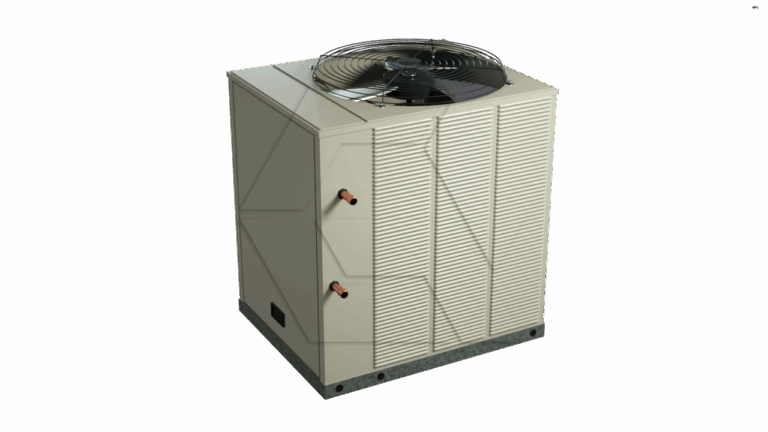 A beige outdoor air conditioning unit with a large circular fan on top and metal grilles on the sides, set against a plain white background.