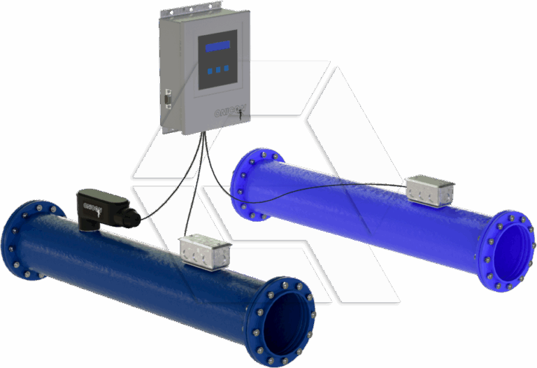 Digital illustration showing two blue industrial pipes with metal end flanges. Each pipe has electronic devices attached, wired to a control panel mounted above and between them. The background is plain white.