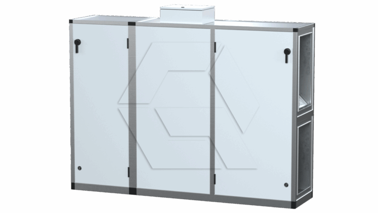 A large, rectangular industrial air handling unit with three front access doors, metallic frame, and white panels, viewed from an angle against a plain light background.