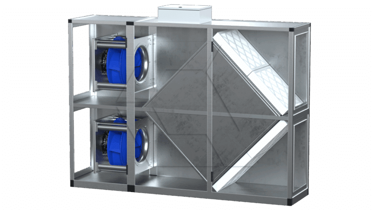 A metallic industrial air ventilation unit with two blue fans on the left, angled filters in the center, and a rectangular white control box on top, shown against a plain white background.