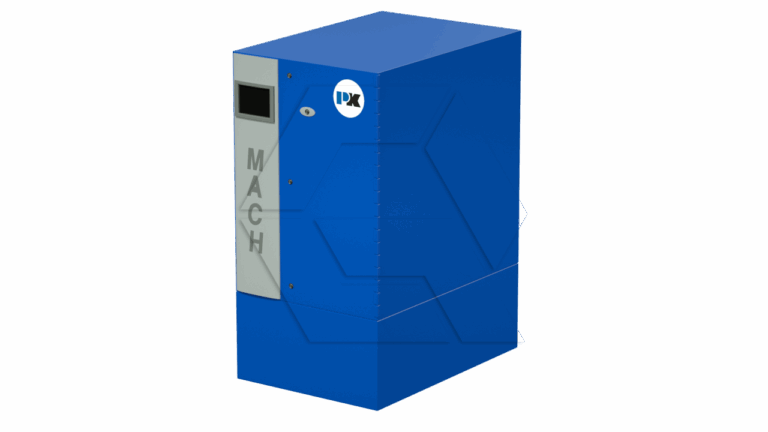 A large blue industrial machine labeled "MACH" on a gray panel, with a small display screen and a round "PK" logo on the front, set against a plain white background.
