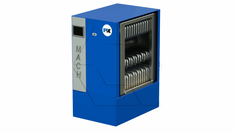 A blue and gray industrial machine with a display screen and the label "MACH" on the front panel, featuring multiple metal plates visible through a transparent side window.