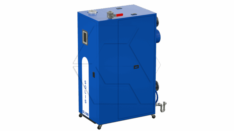 A blue industrial machine with a rectangular shape, wheels, pipes, and valves. The word "SOLIS" is printed vertically on the front panel, and the machine has various controls and connectors visible on its surfaces.