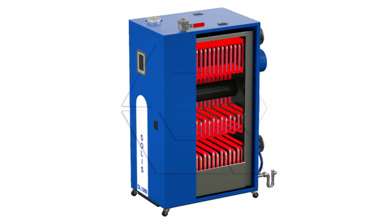A blue industrial boiler with a section cut away to show internal red heating elements and black pipes; labeled "SOLIS" on the side, and standing on small wheels.