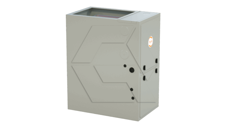 A large, rectangular, beige metal furnace unit with geometric patterns on the side and a small circular logo on the front panel. The top panel is partially open, revealing the interior.