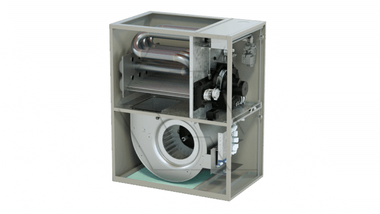 A cutaway view of an HVAC unit shows internal components, including a fan, coils, filters, and mechanical parts, all housed within a rectangular metallic frame.