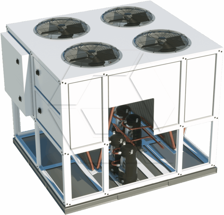 A large industrial HVAC unit with four fans on top, metal casing, and visible internal copper pipes and black components. The unit is white with blue and gray accents, and some panels are open to reveal the interior.