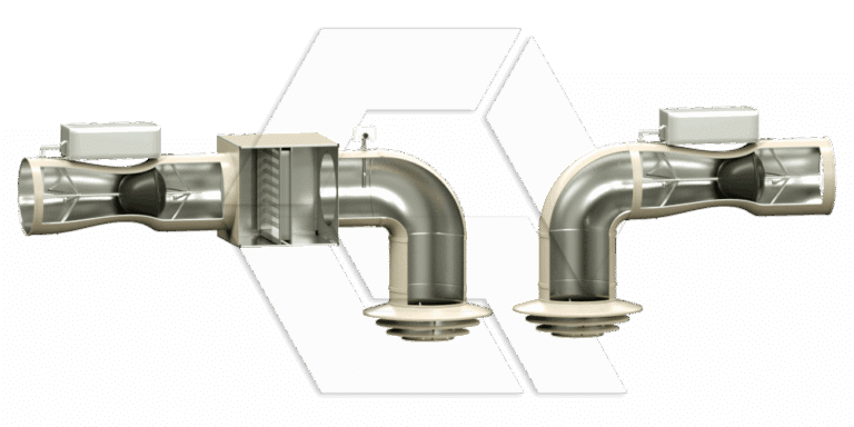 Two industrial metal duct systems with curved pipes and attached control boxes, displayed side by side on a plain background.