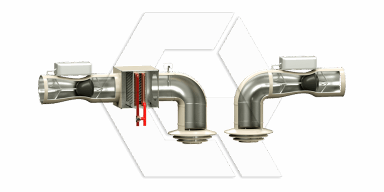 Two industrial metal pipes with attached control boxes and gauges are shown. Both pipes have bends and connecting flanges, set against a white background with a faint hexagonal design.